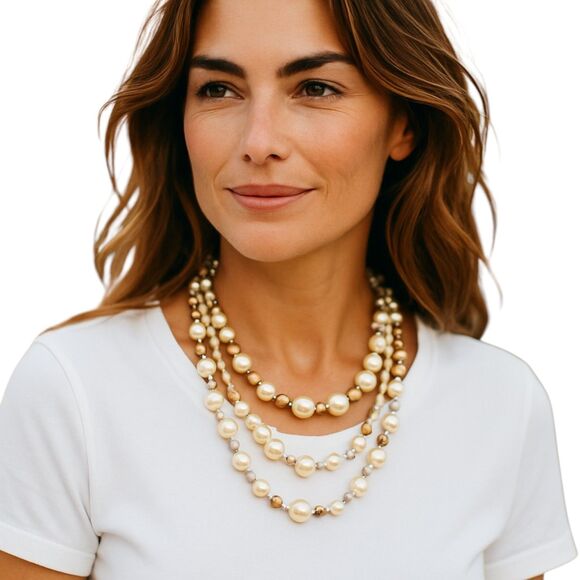 Statement Necklace 3 Strands Faux Pearl White Cream Clear Beads Lobster Clasp - Picture 1 of 12